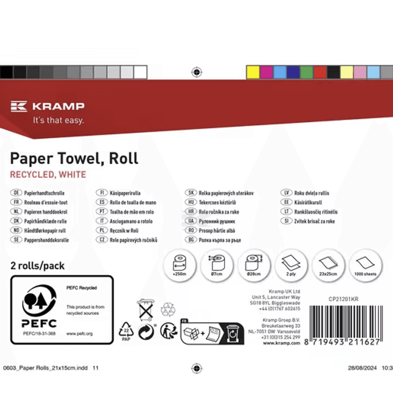 Tørkepapir, hvit rull, 23 cm x 250 m, 2-lags, ytre Ø 270 mm, pre